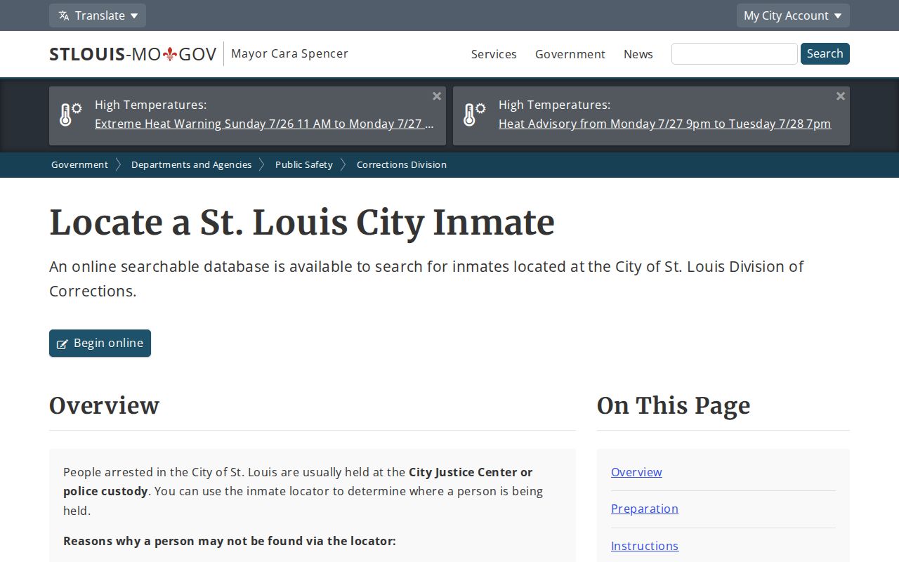 Official St. Louis City inmate locator instructions and no-result limitations