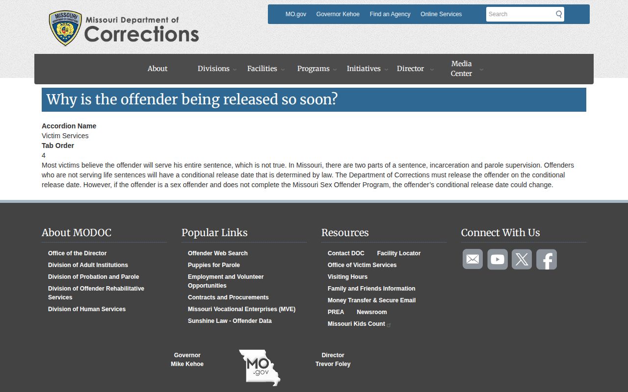 Missouri DOC explanation of prison and conditional release portions of a sentence