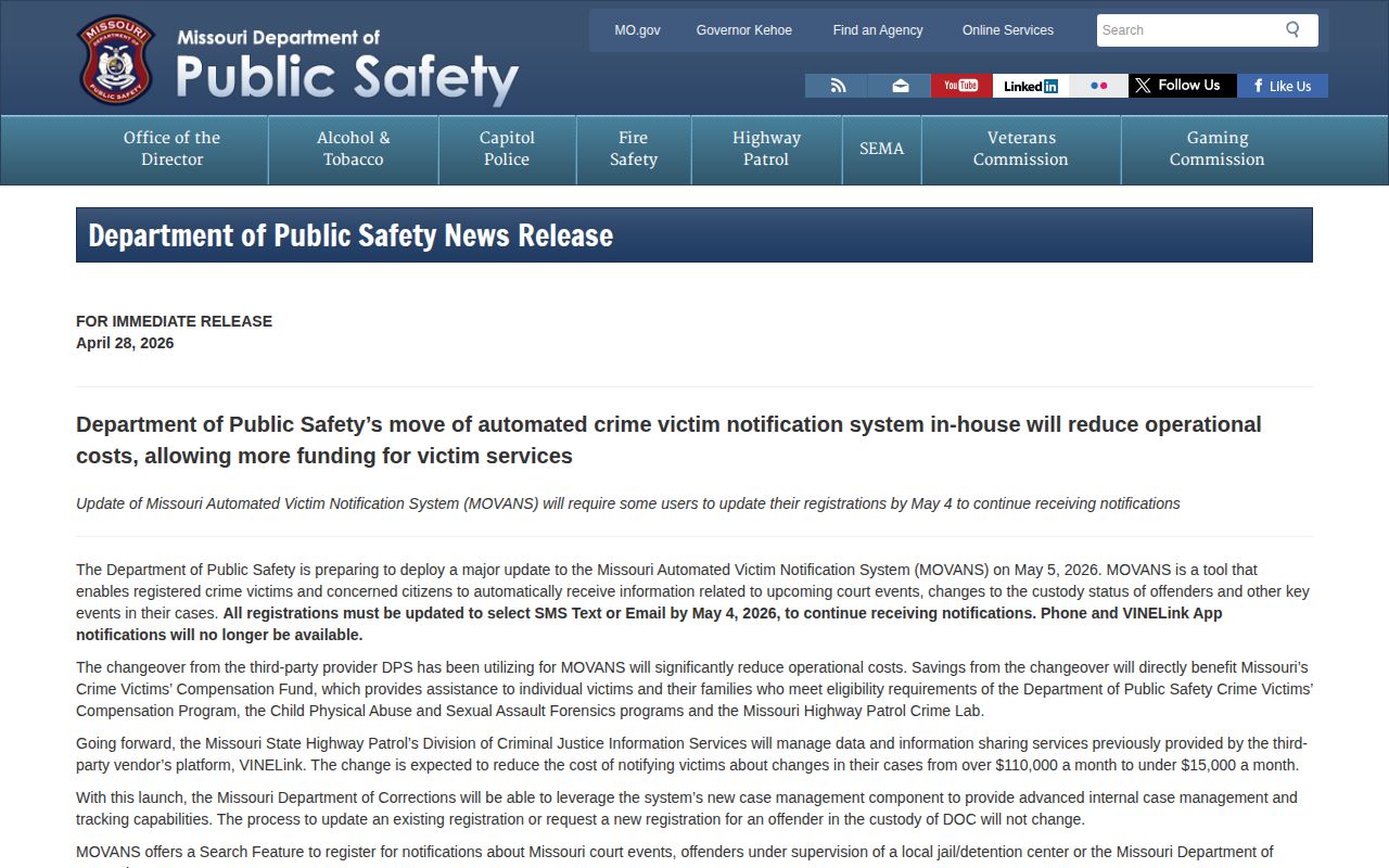 Missouri DPS notice explaining the transition from VINELink to MOVANS