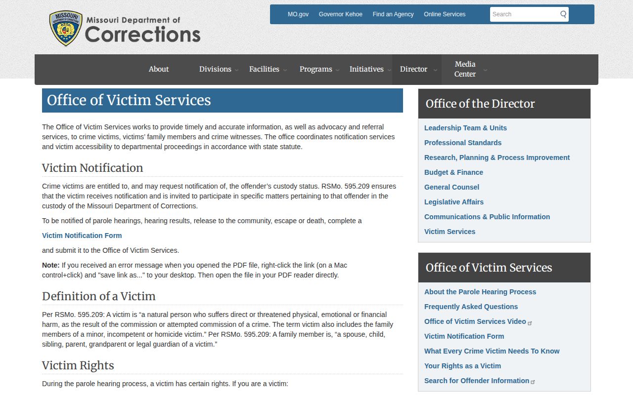 Missouri DOC Office of Victim Services release notification page